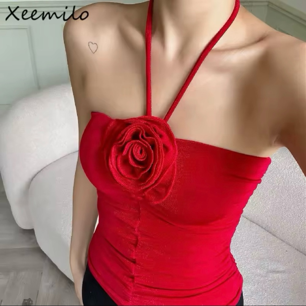 New Arrivals! Red Halter Top with Rose Detail